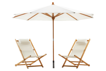 Front view of two white beach chairs and umbrella, isolated background