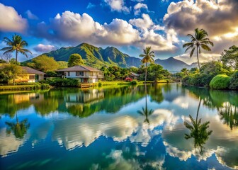 Fototapeta premium Kailua Oahu Hawaii: Scenic Slow Push Over Ka'elepulu Pond Towards Houses