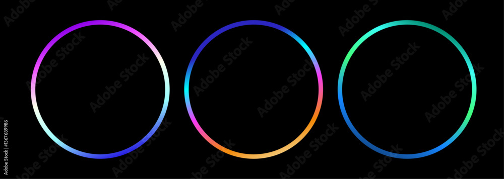 Poster Abstract vector neon gradient shiny circle border lines.  Collection of colorful neon light glow in round frames on black background with copy space.