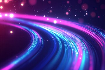 Dynamic motion effect with glowing neon curved lines in pink and blue, enhanced by sparkles and bokeh