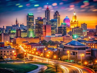 Fototapeta premium Kansas City Skyline Night Photography with Bokeh Lights
