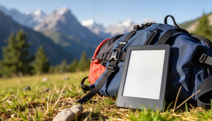 E-Book Reader resting on a backpack in a mountainous landscape  