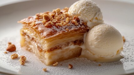 A close-up shot of a delicious piece of baklava,