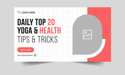 Editable vector trendy body fitness tips and techniques video thumbnail banner design, yoga tricks and body massages tips video cover banner design, editable vector eps 10 file format