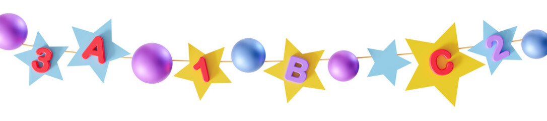 Brightly colored garland displays letters and numbers, ideal for primary school themes. It includes playful shapes that encourage learning through visual engagement. On transparent background. 3D.