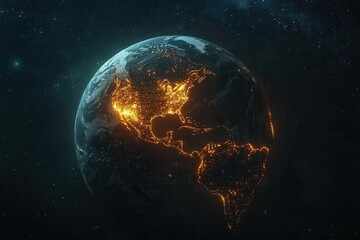 Earth glowing from space at night, North America lit up with city lights, captured in a celestial digital style