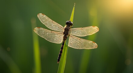 黄金時間、緑葉に止まるトンボ 繊細な羽根 美しいシルエット