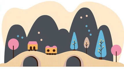 Naklejka premium Charming Village Illustration Pastel Colors Mountain Scenery