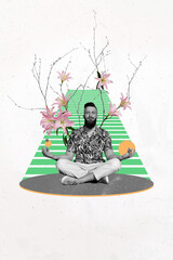 Vertical art trend collage of serious sit lotus pose asana buddhism practice lily flower bloom tree spring chakra yoga sport