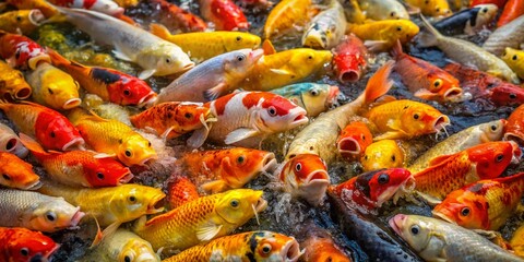 Koi Fish Pond Fight: Vibrant Colorful Carp Battle for Food