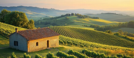Fototapeta premium Tuscan vineyard sunrise; stone farmhouse; rolling hills