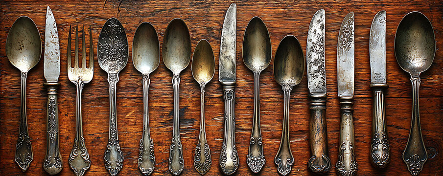 Antique silver cutlery arranged on rustic wood.  Elegant, vintage flatware creates a timeless, sophisticated feel.  Perfect for menus, food blogs, or historical concepts.