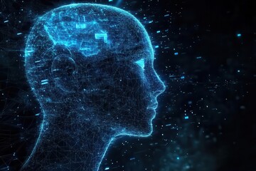 Obraz premium cybernetic humanoid profile with translucent crystalline structure neural networks pulsing with neon blue energy holographic data streams dark tech aesthetic