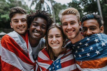 Group of happy and diverse young adults celebrating united states of america, wrapped in american flags