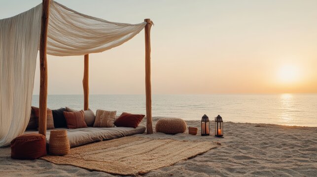 Dinner on the beach, A cozy boho-style beach setup with a soft, flowing white sunshade canopy draped over a wooden frame. 