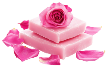 Delicate pink soap bars adorned with a rose and petals, creating a serene spa atmosphere isolated on transparent background