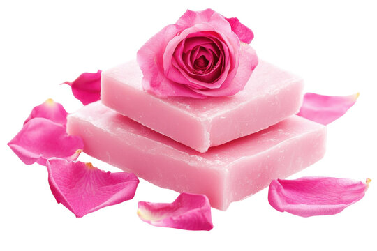 Pink soap bars stacked with rose flower and scattered petals isolated on Transparent Background
