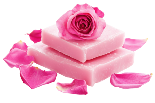 Delicate pink soap bars adorned with a rose and petals, creating a serene spa atmosphere isolated on transparent background