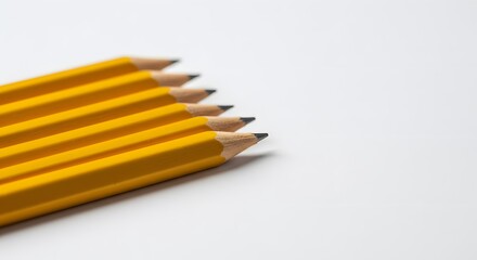 Close-up of six sharpened yellow pencils arranged on white background, Yellow pencils arranged neatly on a white background create a simple yet striking visual effect during morning daylight. wallpape