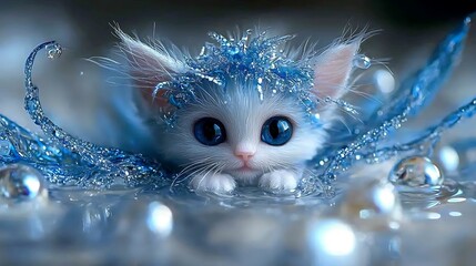 Adorable White Kitten in Blue Water Magic