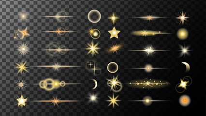 Set Stars Sparkling Shine glowing stars. Flash, Realistic flares.Glowing effects Glowing effects. Stars in space. Isolated glints set. Sparkle glares. Vector shimmering elements.