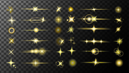 Star gold sequins, Gold sparks. Realistic flares. Glowing effects light or sunlight reflection from lens. Stars in space. Isolated glints set. Sparkle glares. Vector shimmering elements.