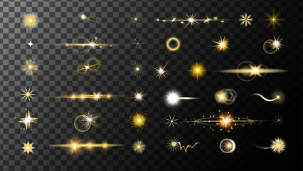Realistic flares. Glowing effects light. Stars in space. Isolated glints set. Sparkle glares.Vector shimmering elements.Sparkles Star. Radiance flash rays Gold Glow lighting Star.