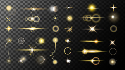 Light stars gold. Realistic flares. Glowing effects light or sunlight reflection from lens. Stars in space. Isolated glints set. Sparkle glares.Vector shimmering elements