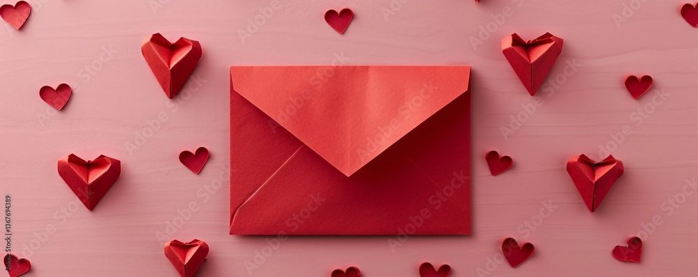 Poster red paper envelope lying on pink surface surrounded by small paper hearts