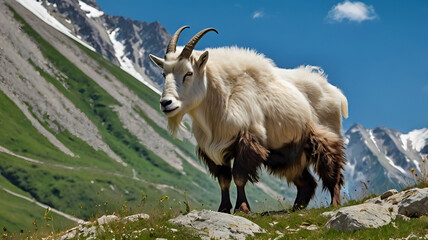 Obraz premium A majestic West Caucasian tur stands on the steep, rocky slopes ai