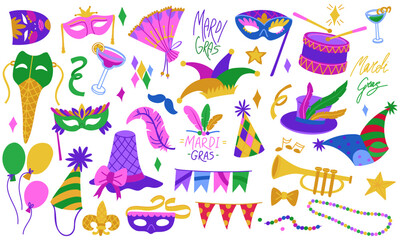set for Mardi Gras, Flat color. They are suitable for decorating holidays, events, promotional materials and goods related to the celebration of carnival. A vibrant collection of isolated objects