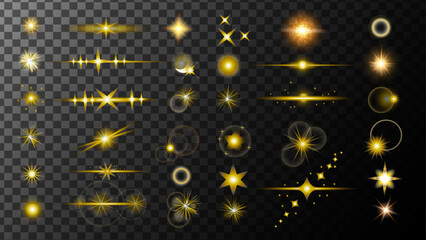 Set of sparkling stars on transparent background. Gold Glowing effects light or sunlight reflection from lens. Stars in space. Isolated glints set. Sparkle glares.Vector shimmering elements.