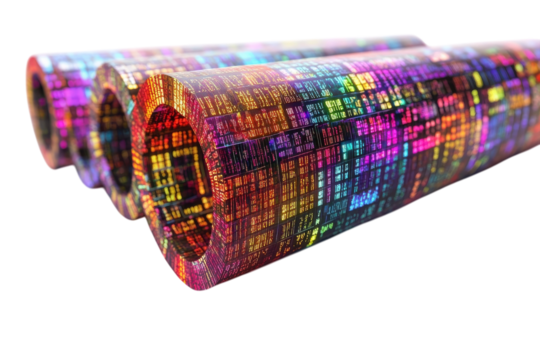Vibrant Data Streams Flowing Through Interconnected Digital Cylinders Showcasing The Boundless Potential Of Modern Technology With A Dynamic, Multi-colored Design Isolated on Transparent Background