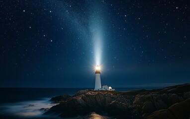 Lighthouse Shining at Night Under Starry Sky by Rocky Coastline