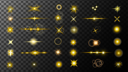 Stars in space. Isolated glints set.Golden color with glare and flashes isolated on a transparent background. Light star gold. Light sun gold. Light flash gold. Powder golden shimmer. Element design.