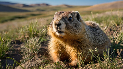 Fototapeta premium A curious Bobak marmot peeks out from its burrow ai