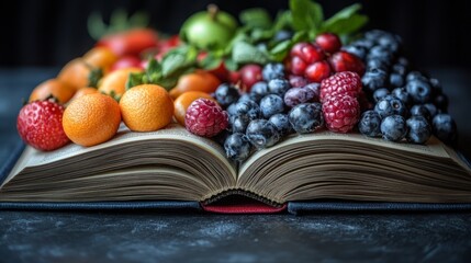 An open book displays a colorful array of fresh fruits, symbolizing the intersection of knowledge and nature's flavors
