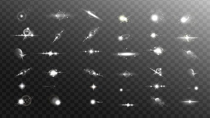 Flash light set.Flashlight on transparent background. Big set Silver glow sparkle effect. Abstract lens flare ignition.Lens flash light effect.Set stars golden. © SavirinaArt