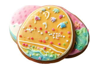 Delightful pastel eggshaped cookies, intricately decorated with colorful icing and sprinkles. Perfect for Easter, spring celebrations, or any sweet treat imagery.