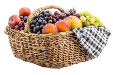 A Bountiful Harvest Basket Overflowing With Ripe Peaches, Juicy Grapes, And Crisp Apples, A Delightful Summer Treat In A Rustic Wicker Basket With A Checkered Cloth Isolated on Transparent Background