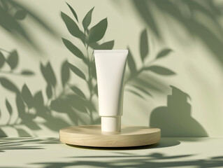 Ai Generated Mockup of Blank Minimalistic White Skincare Creme Tube In front of Natural Beige Background and Olive Branches and Shadows