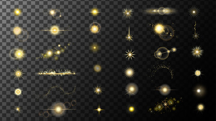 Realistic flares.Golden star shine effects, flash lights with sparkles and glow rays isolated on transparent background. Vector realistic set of bright yellow glare, gold flare with shiny beams.