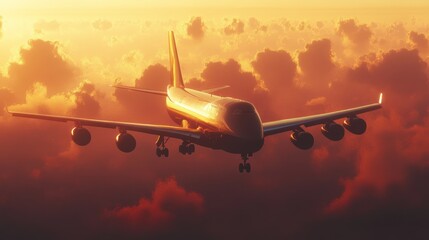 An airplane soars through a sunset sky with dramatic lighting and vibrant colors.