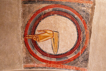 representation of the hand of God,Apse of Sant Climent de Taüll, Romanesque painting of the mural decoration set , Boí Valley, MNAC, Barcelona, ​​Catalonia, Spain