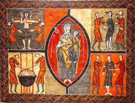 Durro altar front, 12th century, Martyrdom of Saints Quirze and Julita, tempera on wood, hermitage of Sant Quirce de Durro, Bo&iacute; Valley, MNAC, Barcelona, ​​Catalonia, Spain