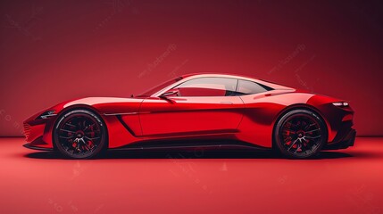 Fototapeta premium Red sports coupe half side view with copy space on sleek background for dynamic vehicle advertisements