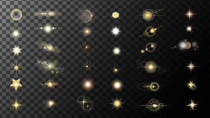 Starlight and sunlight shine glow. Vector flashlight big set.Lens flash light effect.Set stars golden glitter.Deep space scene background in stippling style with amazing huge nebula and glowing stars.