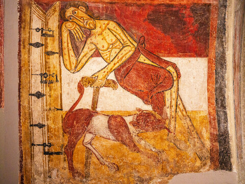 Lazarus waiting at the rich man's door, Apse , Romanesque painting of the mural decoration set of the church of San Climent de Ta&uuml;ll in Bo&iacute; Valley, MNAC, Barcelona, ​​Catalonia, Spain