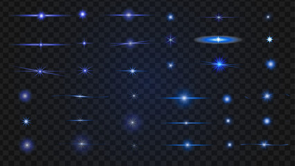 Blue lens glare.Realistic Blue Flash. Glowing effects. Glowing effects light or sunlight reflection from lens. Stars in space. Isolated glints set. Sparkle glares. Vector shimmering elements