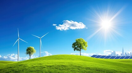 Obraz premium A vibrant landscape featuring wind turbines, solar panels, and lush greenery under a bright blue sky with the sun shining, Green Technology.